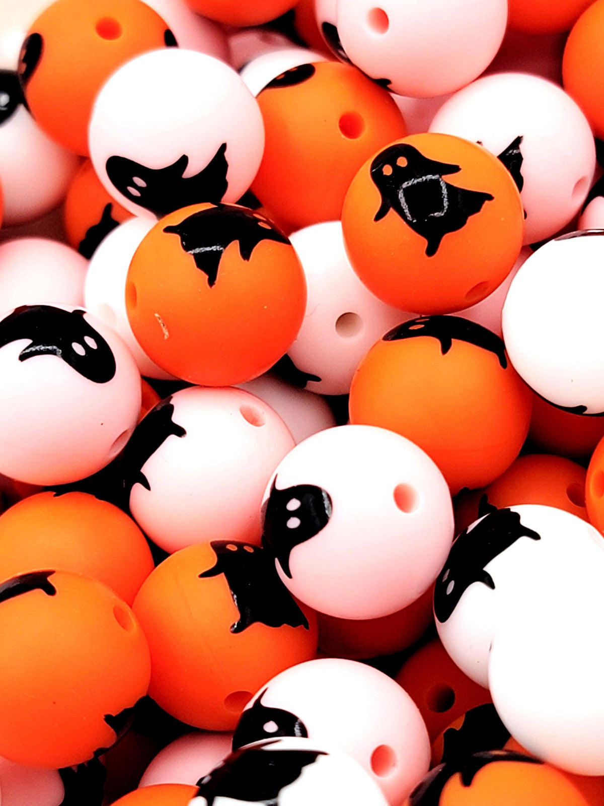 15mm Halloween Ghost Silicone Beads – White, Orange & Pink Spooky Round Beads
