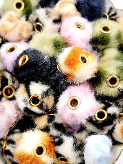 Leopard Mixed Color Fuzzy Faux Fur Beads - Large Hole Pom Pom Spacer Beads for Pens (Set of 10)