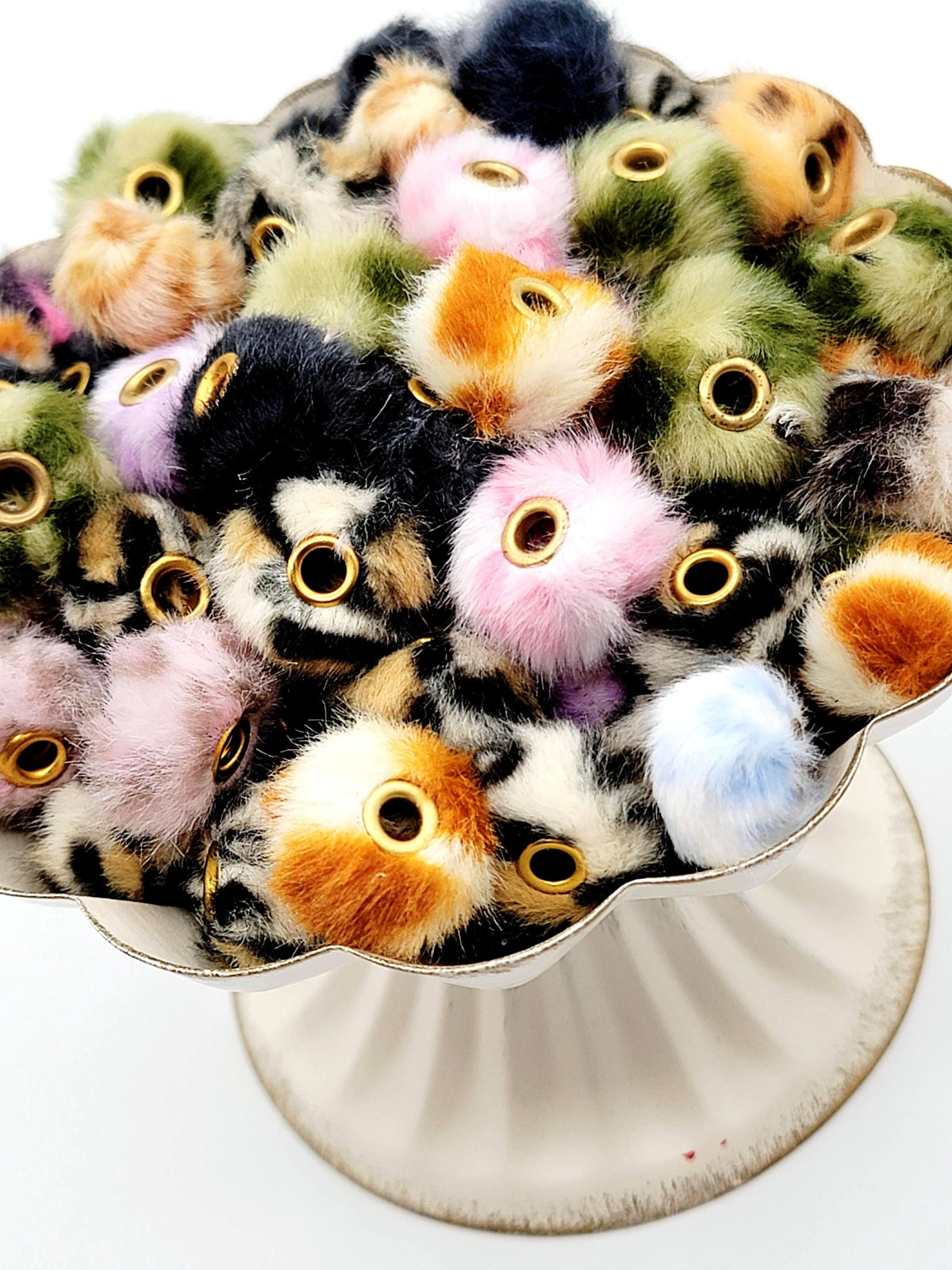 Leopard Mixed Color Fuzzy Faux Fur Beads - Large Hole Pom Pom Spacer Beads for Pens (Set of 10)