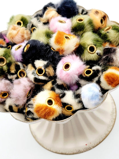 Leopard Mixed Color Fuzzy Faux Fur Beads - Large Hole Pom Pom Spacer Beads for Pens (Set of 10)