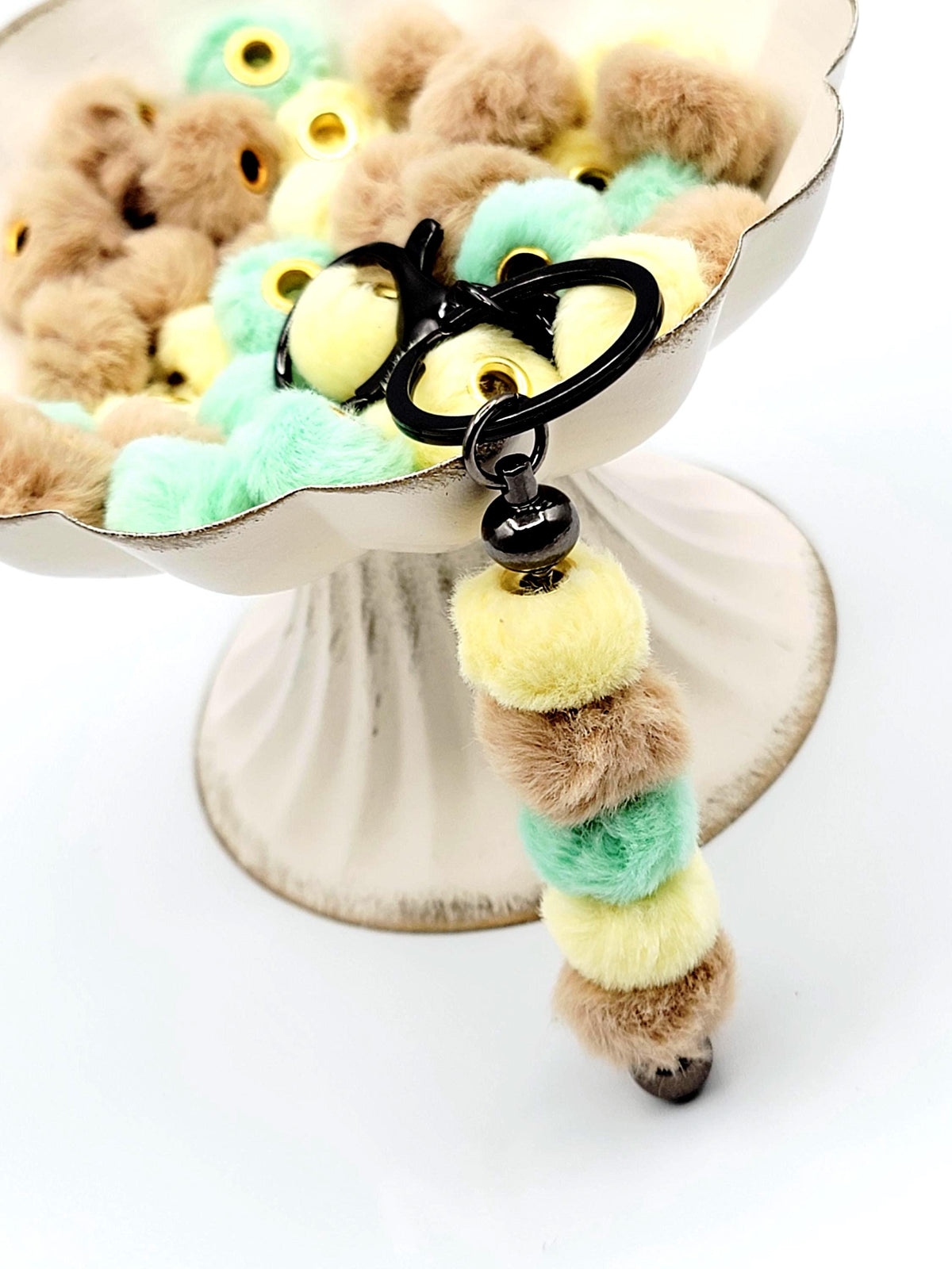 Yellow Brown Mint Mixed Color Fuzzy Faux Fur Beads, Large Hole Pom Pom Spacer Beads for Pens (Set 0f 8)