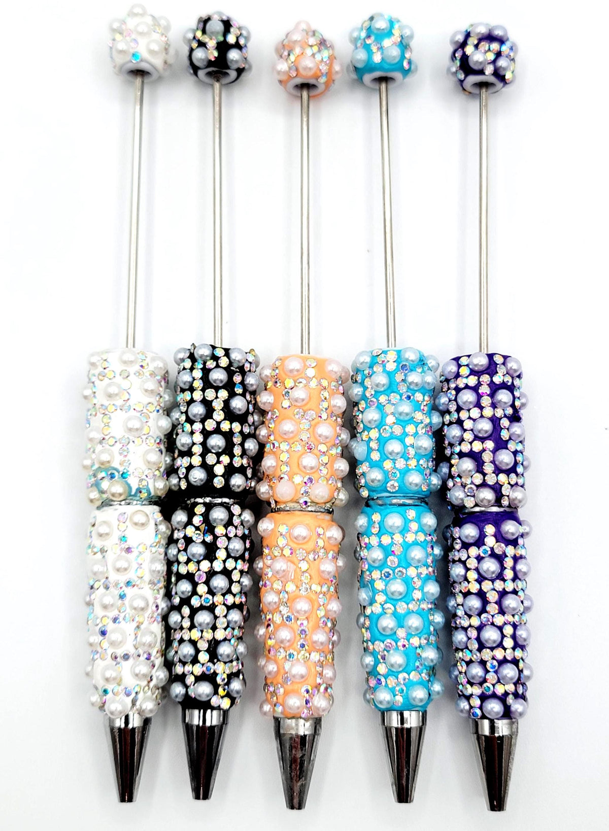 Beadable Clay Pens with White Pearl and AB Rhinestones, Fancy Sparkly DIY Pen