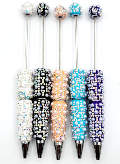 Beadable Clay Pens with White Pearl and AB Rhinestones, Fancy Sparkly DIY Pen
