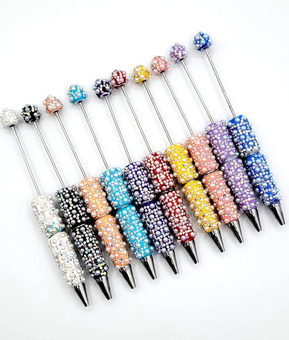 Beadable Clay Pens with White Pearl and AB Rhinestones, Fancy Sparkly DIY Pen