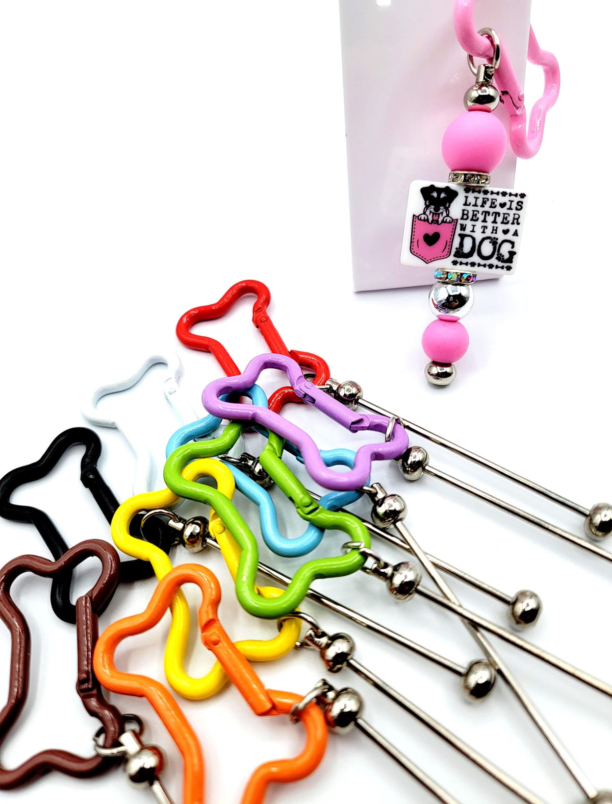 Dog Bone Shape Metal Carabiner Beadable Keychain Bar , Colorful Blank DIY Keychain for Big Beads