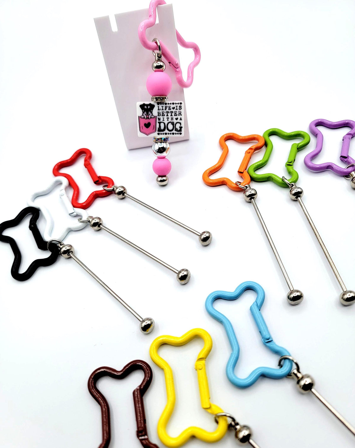 Dog Bone Shape Metal Carabiner Beadable Keychain Bar , Colorful Blank DIY Keychain for Big Beads