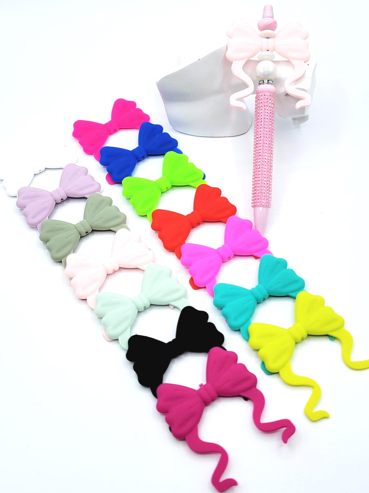 Large Silicone Bow Bead with Tail , Focal Bead for Pens, Keychains and Badge Reels - (Set of 2)