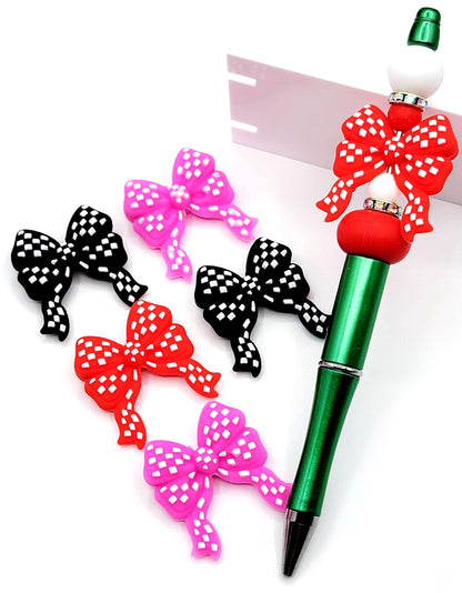 Checkered Silicone Bow Bead with Tail , Focal Bead for Beadable Pens, Keychains & Badge Reels (Set of 2)