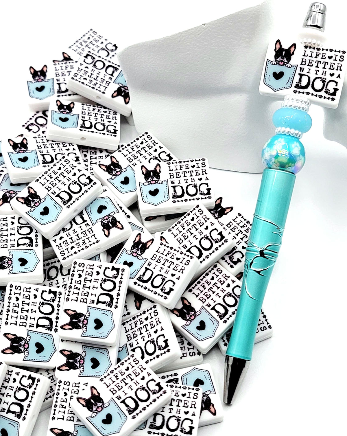 Life Is Better With a Dog Boston Terrier Silicone Focal Bead, Dog Mom Pen Beads, Dog Lover Craft Bead Pocket Dog Design (Set of 2)
