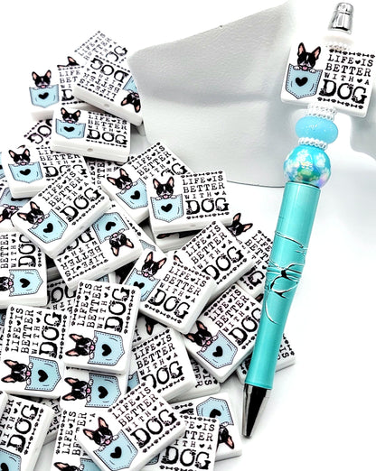 Life Is Better With a Dog Boston Terrier Silicone Focal Bead, Dog Mom Pen Beads, Dog Lover Craft Bead Pocket Dog Design (Set of 2)