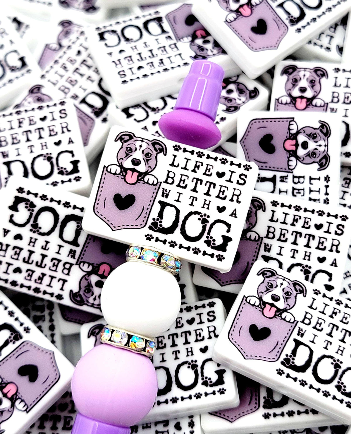 Life Is Better With a Dog Gray Pitbull Silicone Focal Bead, Dog Mom Pen Beads, Dog Lover Craft Bead Pocket Dog Design (Set of 2)