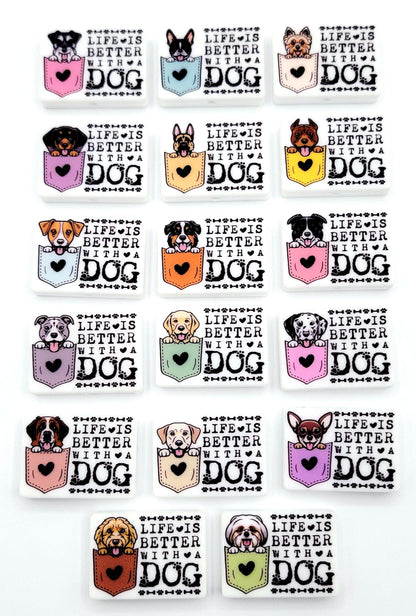 Life Is Better With a Dog Border Collie Silicone Focal Bead, Dog Mom Pen Beads, Dog Lover Craft Bead Pocket Dog Design (Set of 2)