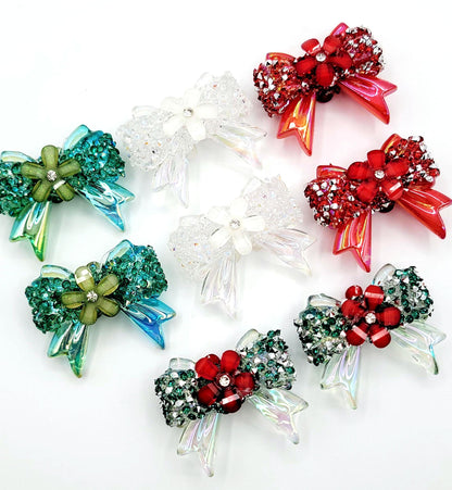 Christmas Crystal Sparkle Ribbon Bow Acrylic Bead , 3D Rhinestone & Flower Focal Bead, Red Green Crystal (Set of 2)