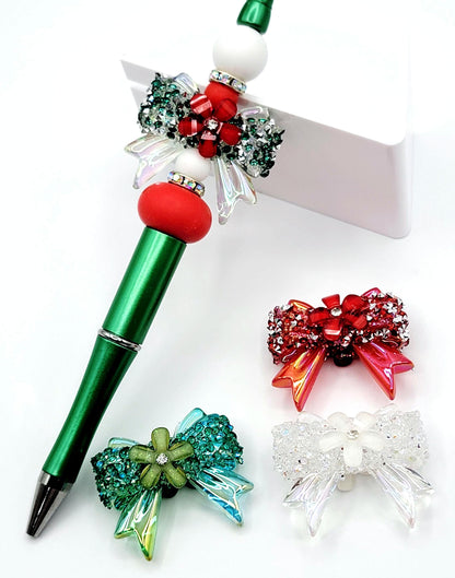 Christmas Crystal Sparkle Ribbon Bow Acrylic Bead , 3D Rhinestone & Flower Focal Bead, Red Green Crystal (Set of 2)