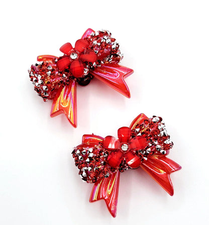 Christmas Crystal Sparkle Ribbon Bow Acrylic Bead , 3D Rhinestone & Flower Focal Bead, Red Green Crystal (Set of 2)