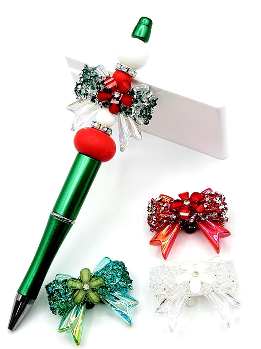 Christmas Crystal Sparkle Ribbon Bow Acrylic Bead , 3D Rhinestone & Flower Focal Bead, Red Green Crystal (Set of 2)