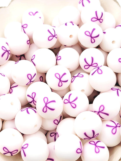 Purple Bow Print Round Silicone Beads - 15mm Round Pen Beads, Wristlet, Jewelry Craft Beads, Halloween Preppy Coquette Bead
