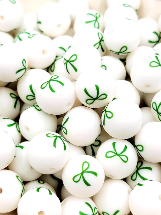 Green Bow Print Round Silicone Beads - 15mm Round Pen Beads, Wristlet, Jewelry Craft Beads, St Patricks Preppy Coquette Bead