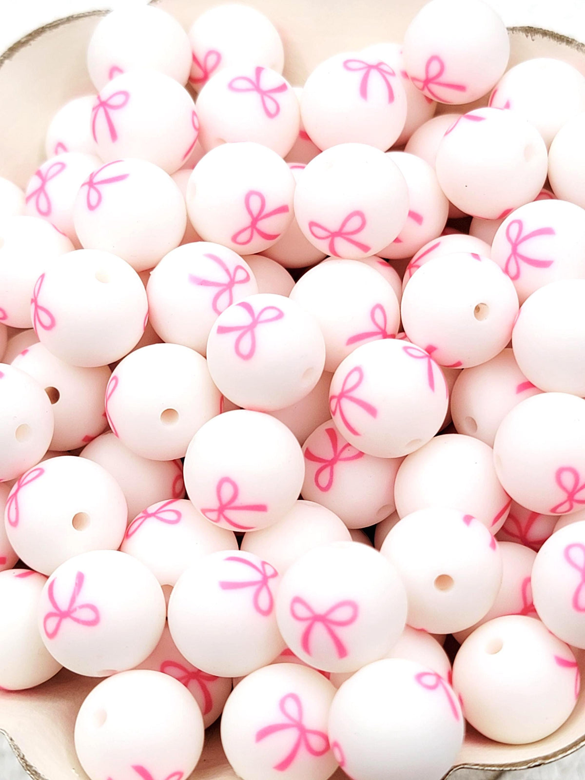 Pink Bow Print Round Silicone Beads - 15mm Round Pen Beads, Wristlet, Jewelry Craft Beads, Valentine Preppy Coquette Bead
