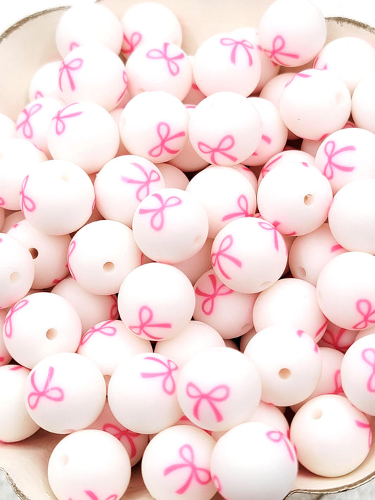 Pink Bow Print Round Silicone Beads - 15mm Round Pen Beads, Wristlet, Jewelry Craft Beads, Valentine Preppy Coquette Bead