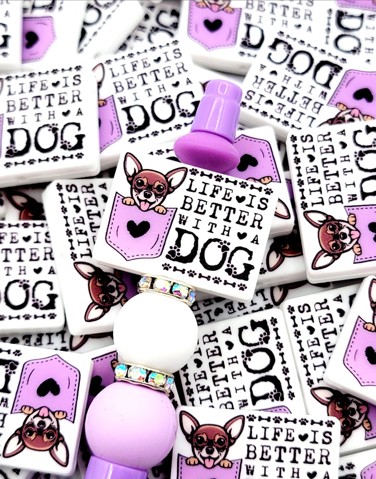 Life Is Better With a Dog Chihuahua Silicone Focal Bead ,Brown Chihuahua Dog Mom Pen Bead,Dog Lover Craft Bead, Pocket Dog Design (Set of 2)