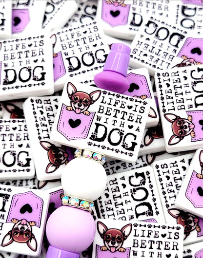 Life Is Better With a Dog Chihuahua Silicone Focal Bead ,Brown Chihuahua Dog Mom Pen Bead,Dog Lover Craft Bead, Pocket Dog Design (Set of 2)