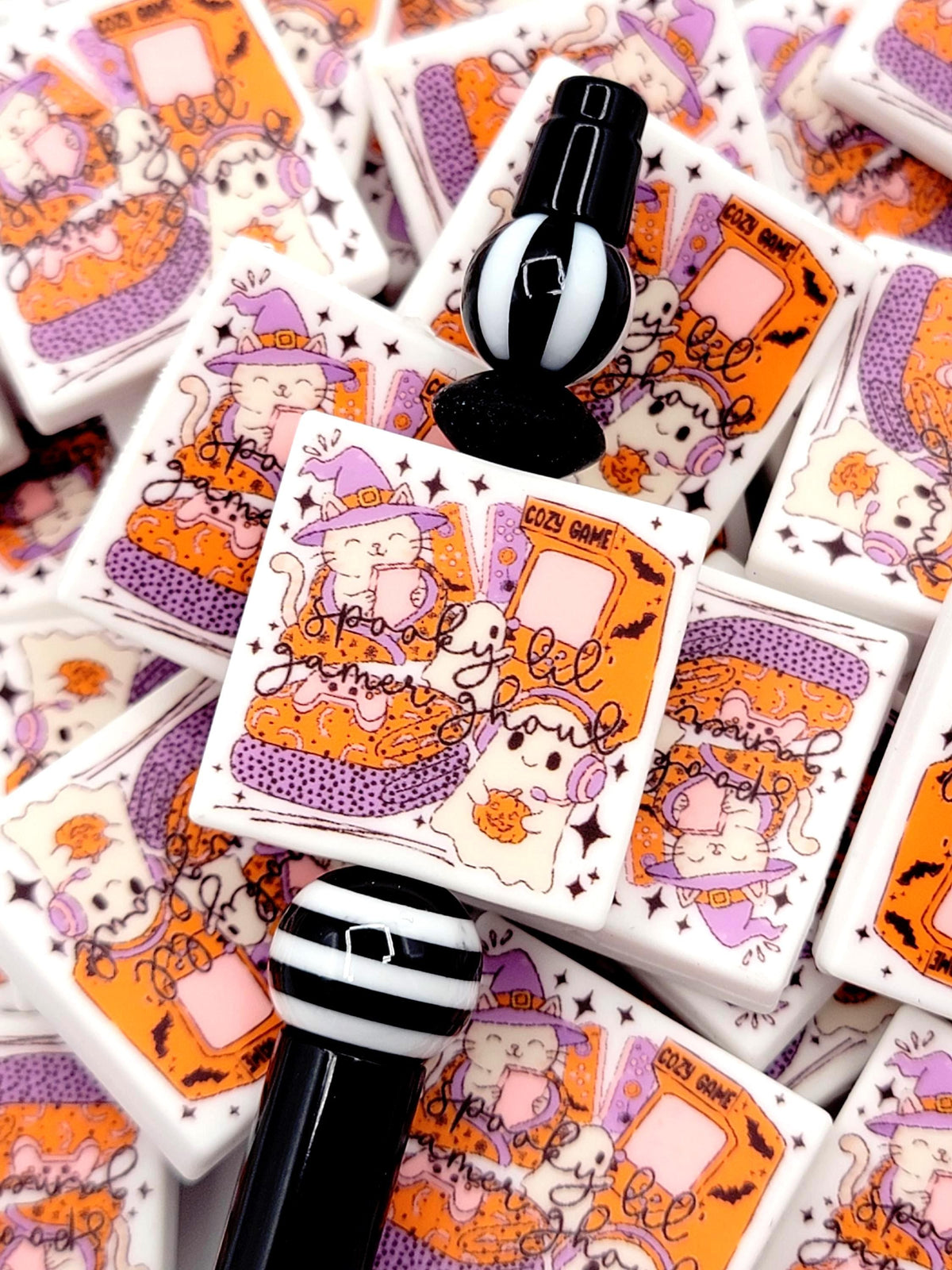 Gamer Ghoul Cat And Ghost Halloween Focal Bead, Halloween Gamer Silicone Pen Beads, Gaming Wristlet Keychain Beads, Chunky Beads - (Set of 2)