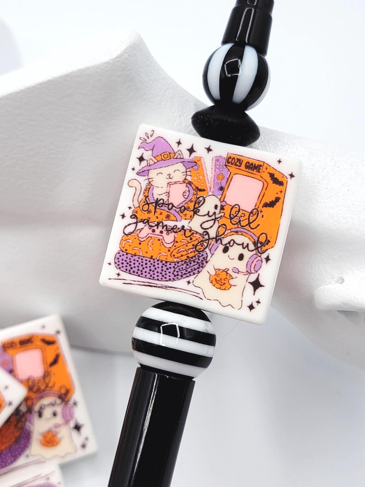 Gamer Ghoul Cat And Ghost Halloween Focal Bead, Halloween Gamer Silicone Pen Beads, Gaming Wristlet Keychain Beads, Chunky Beads - (Set of 2)