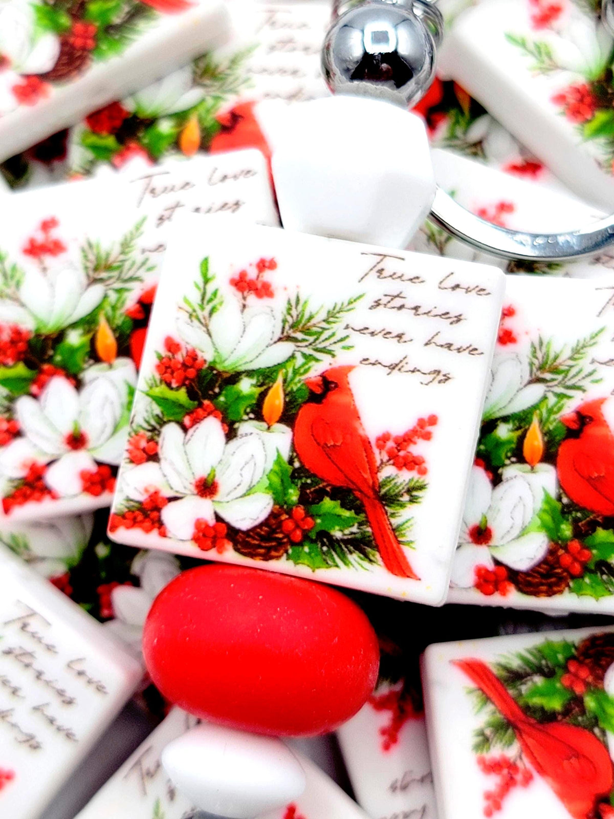 Memorial Loss Cardinal Focal Bead, True Love Stories Never Have Endings Cardinal Silicone Pen Bead, Sympathy Loss Keychain Bead - (Set of 2)