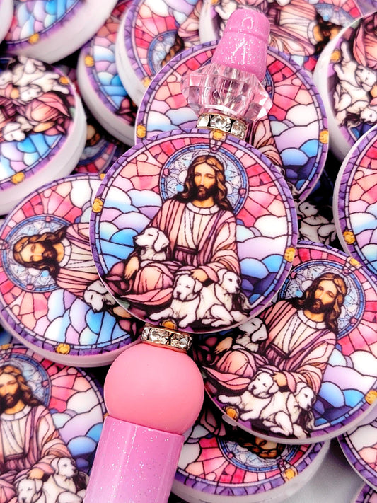 Jesus Focal Print Silicone Bead, Stained Glass Jesus With Dogs Pen Bead, Religious Focal Bead, Easter Inspirational Craft Bead - (Set of 2)