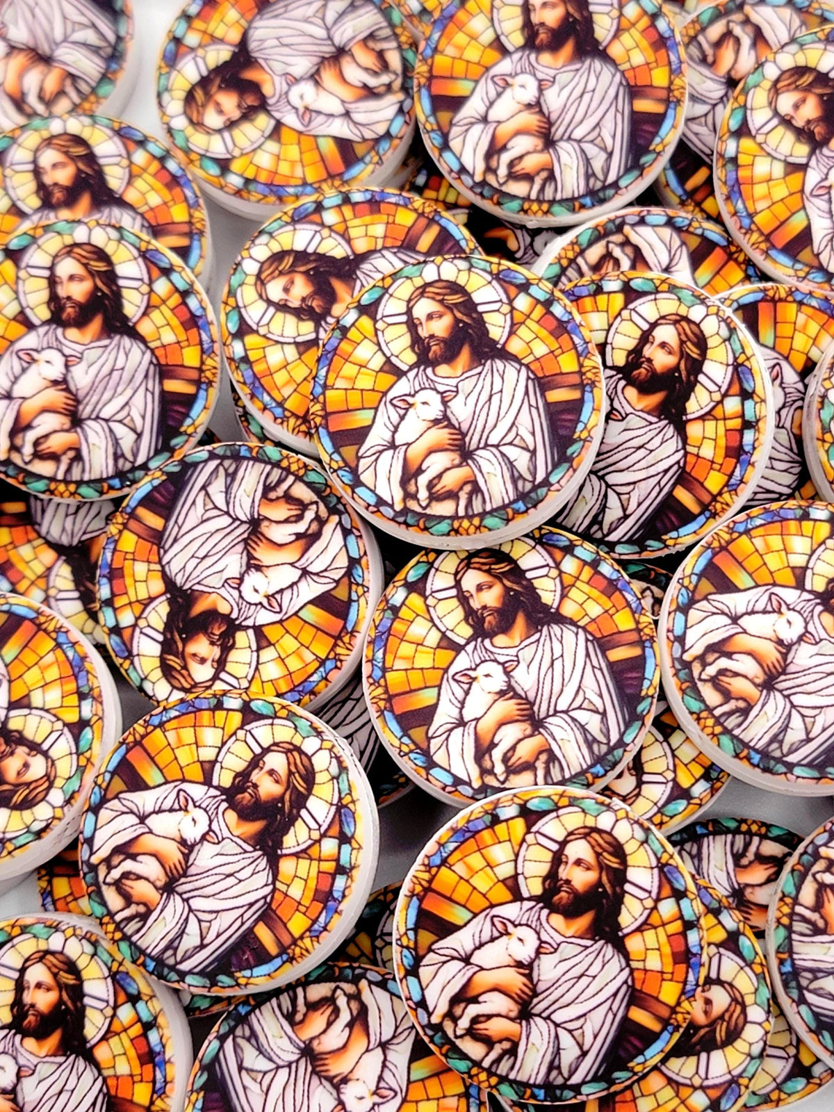 Jesus Focal Print Silicone Bead, Stained Glass Jesus With Lamb Pen Bead, Religious Focal Bead, Easter Inspirational Craft Bead - (Set of 2)