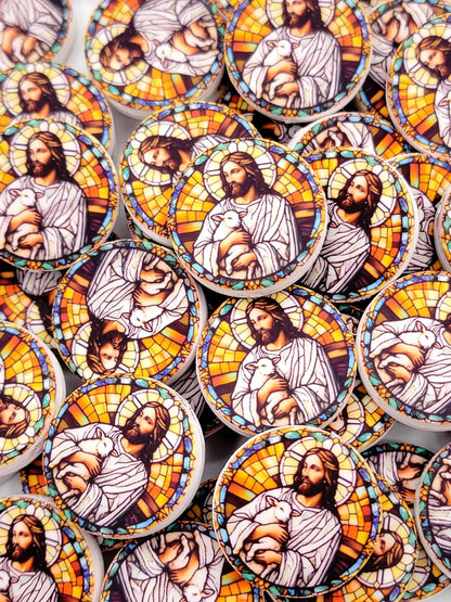 Jesus Focal Print Silicone Bead, Stained Glass Jesus With Lamb Pen Bead, Religious Focal Bead, Easter Inspirational Craft Bead - (Set of 2)