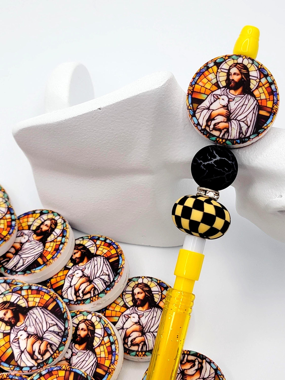 Jesus Focal Print Silicone Bead, Stained Glass Jesus With Lamb Pen Bead, Religious Focal Bead, Easter Inspirational Craft Bead - (Set of 2)