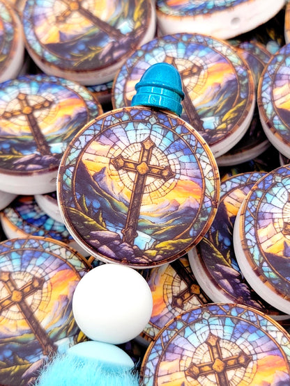 Cross Focal Print Silicone Bead, Stained Glass Cross Pen Bead, Religious Focal Bead, Easter Christian Craft Bead - (Set of 2)