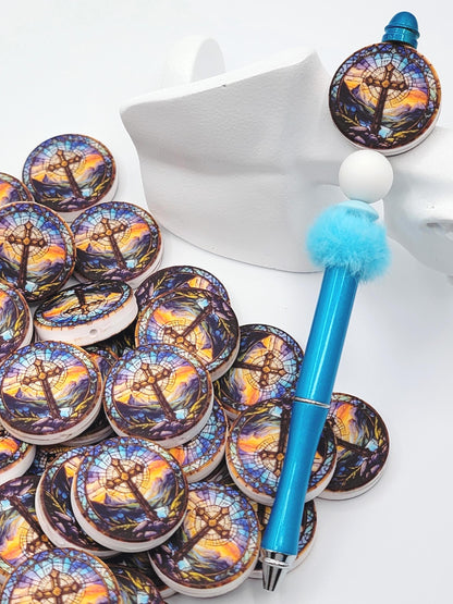 Cross Focal Print Silicone Bead, Stained Glass Cross Pen Bead, Religious Focal Bead, Easter Christian Craft Bead - (Set of 2)