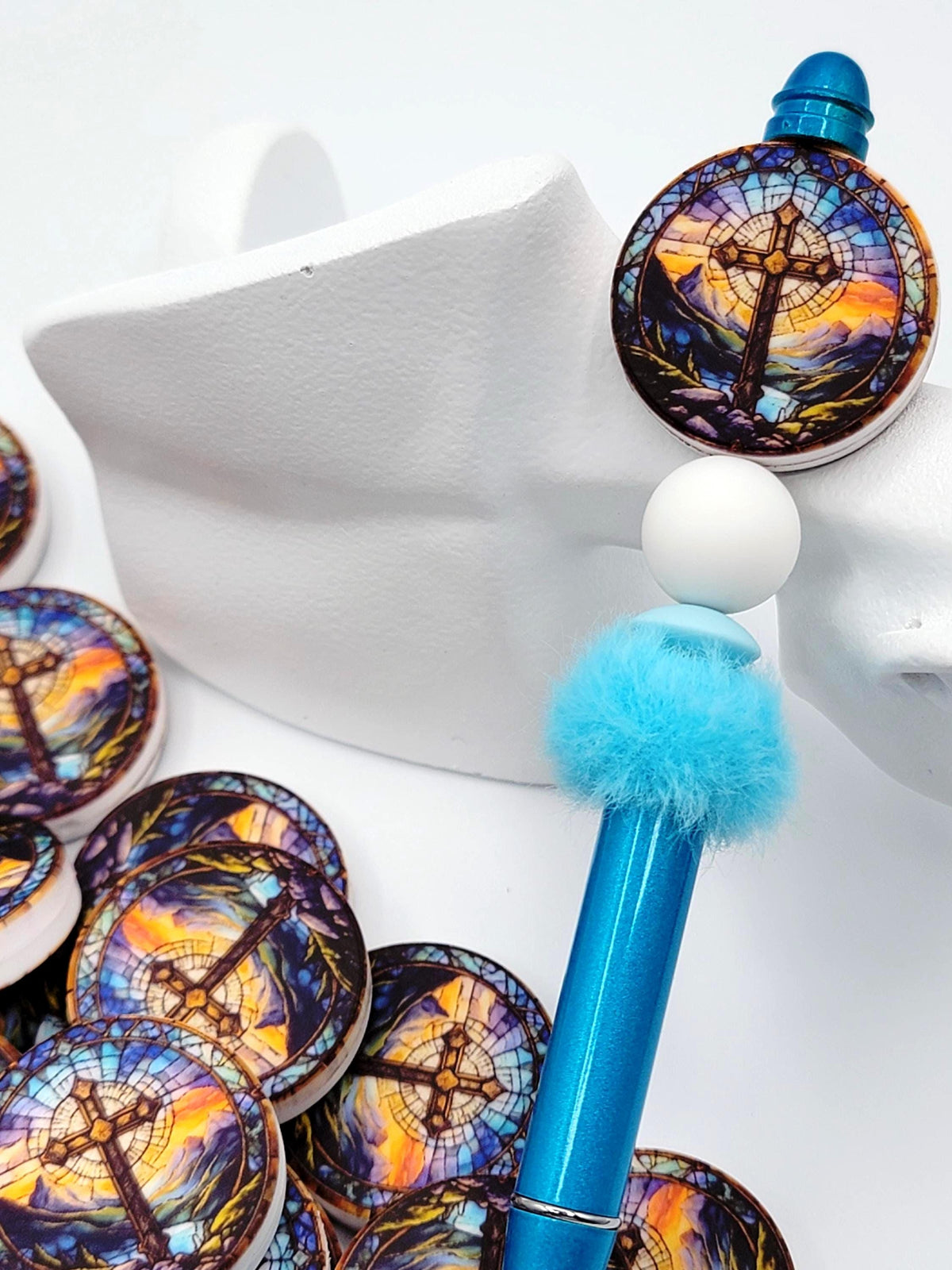 Cross Focal Print Silicone Bead, Stained Glass Cross Pen Bead, Religious Focal Bead, Easter Christian Craft Bead - (Set of 2)
