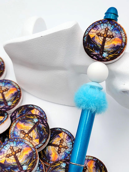 Cross Focal Print Silicone Bead, Stained Glass Cross Pen Bead, Religious Focal Bead, Easter Christian Craft Bead - (Set of 2)