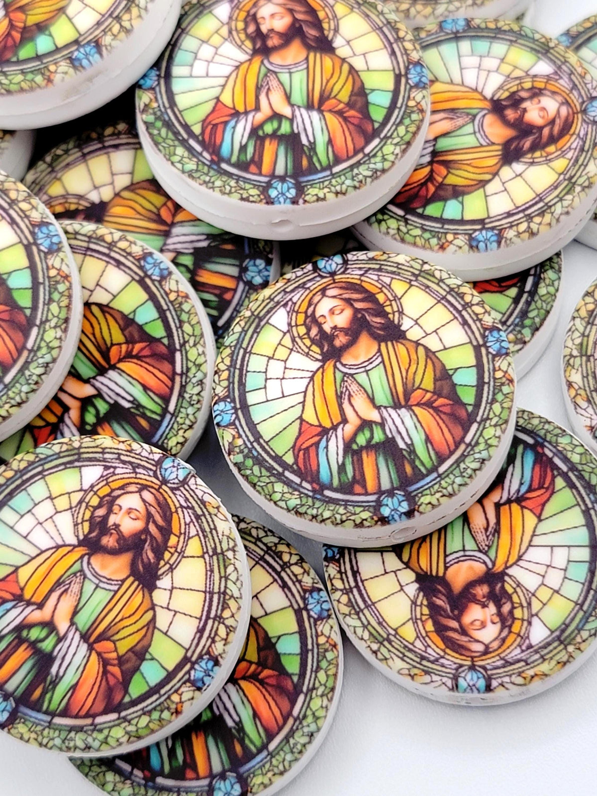 Jesus Focal Print Silicone Bead, Stained Glass Jesus Praying Pen Bead, Religious Focal Bead, Easter Inspirational Craft Bead - (Set of 2)