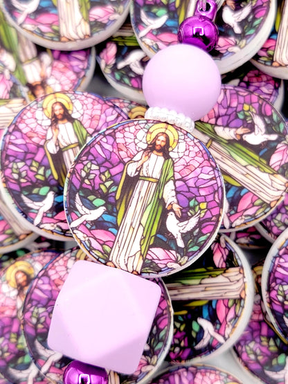 Jesus Focal Print Silicone Bead, Stained Glass Jesus With Doves Pen Bead, Religious Focal Bead, Easter Inspirational Craft Bead - (Set of 2)