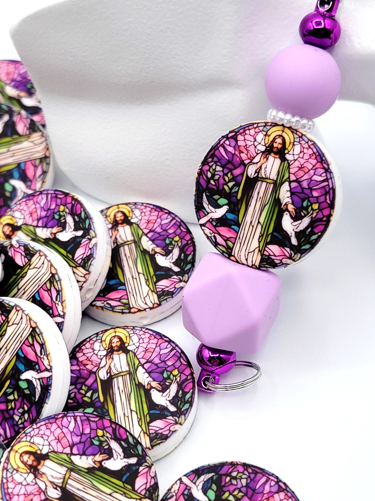 Jesus Focal Print Silicone Bead, Stained Glass Jesus With Doves Pen Bead, Religious Focal Bead, Easter Inspirational Craft Bead - (Set of 2)