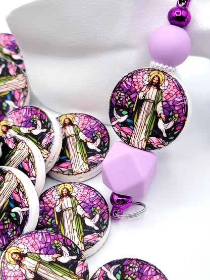 Jesus Focal Print Silicone Bead, Stained Glass Jesus With Doves Pen Bead, Religious Focal Bead, Easter Inspirational Craft Bead - (Set of 2)