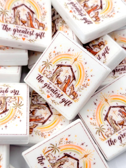 Nativity Focal Silicone Bead, The Greatest Gift Bible Verse Pen Bead, Christmas Religious Focal Bead, Christian Craft Bead - (Set of 2)