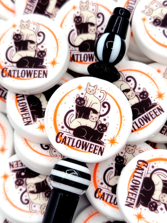 Cat Halloween Focal Bead, Catloween Silicone Pen Bead, Halloween Cat Bead, Wristlet Keychain Craft Beads, Cat Lover Chunky Beads - (Set of 2)