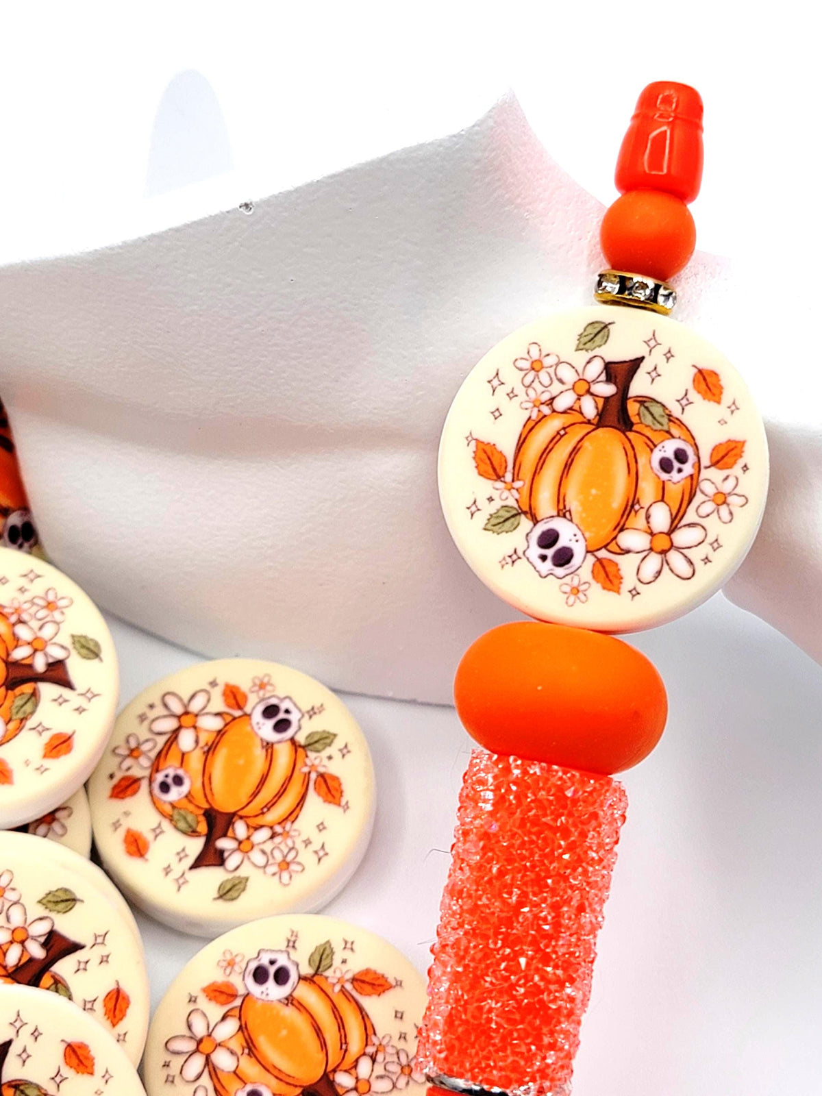 Spooky Pumpkin Focal Bead, Halloween Silicone Pen Bead, Printed Pumpkin Skull Bead, Thanksgiving Fall Wristlet Keychain Craft Bead - (Set of 2)