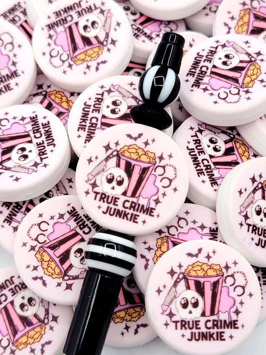 True Crime Junkie Skull Focal Bead, Crime Show Silicone Pen Bead, Spooky Halloween Popcorn Skull Bead, Wristlet Keychain Bead - (Set of 2)
