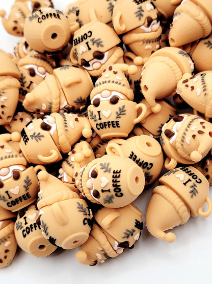 3D Gnome in I Love Coffee Mug Silicone Focal Bead , Coffee Lover Bead for DIY Pens, Keychains and Crafts (Set of 2)