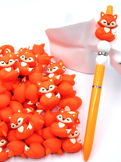 3D Fox Silicone Focal Bead , Orange Sleeping Fox Animal Shape Bead for DIY Pens, Jewelry, Keychains and Crafts, Fox Chunky Charms (Set of 2)