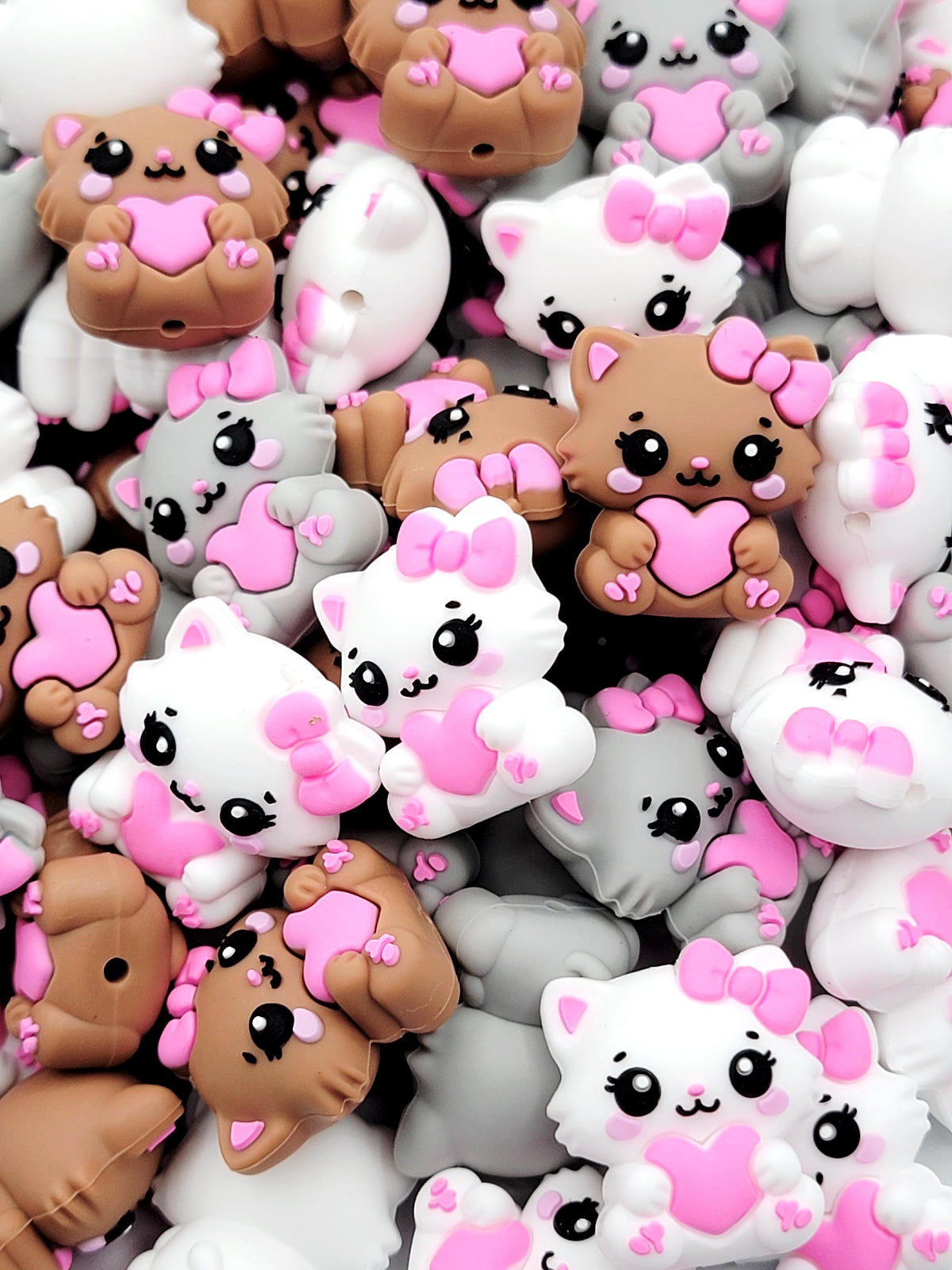 Brown, White or Gray Cat With Pink Heart Animal Focal Bead , Silicone Bead for Pen Making, DIY Crafts, Valentine’s Day Beads (Set of 2)