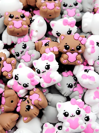Brown, White or Gray Cat With Pink Heart Animal Focal Bead , Silicone Bead for Pen Making, DIY Crafts, Valentine’s Day Beads (Set of 2)