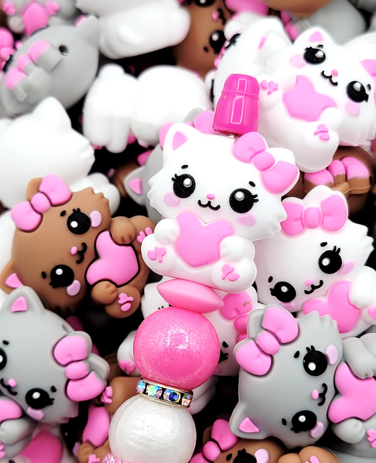 Brown, White or Gray Cat With Pink Heart Animal Focal Bead , Silicone Bead for Pen Making, DIY Crafts, Valentine’s Day Beads (Set of 2)